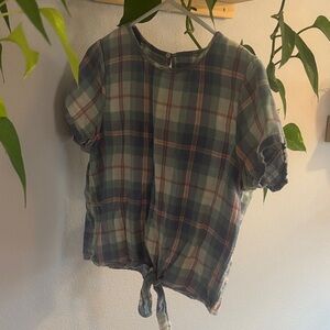 Plaid Short Sleeve Tie-Front Top